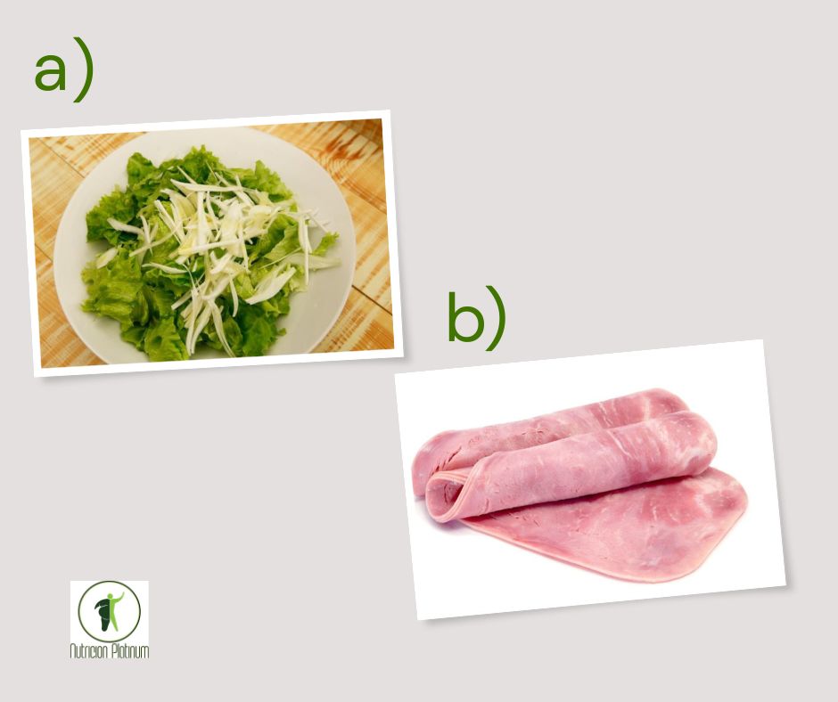 Ensalada de lechuga y cebolleta con lonchas de fiambre de pavo